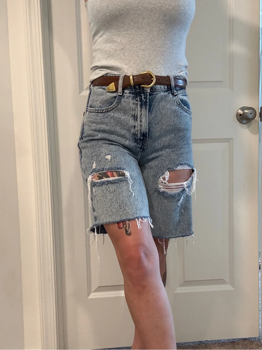 Zara boyfriend Light Blue Distressed Denim Bermuda long Shorts